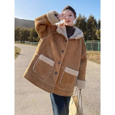 批发鹿皮绒羊羔毛外套女2025冬季新款加绒加厚皮毛一体连帽<b class='q'>机车</b>棉大衣