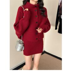 批发2025新款圣诞新年红色针织毛衣<b class='q'>连衣裙</b>子女秋冬季韩系穿搭套装短裙