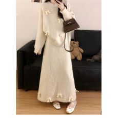 批发巨好看的圆领长袖针织裙女秋冬季新款加厚宽松蝴蝶结拼接<b class='q'>连衣裙</b>子