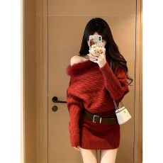 批发秋冬季款性感辣妹<b class='q'>白色</b>一字肩连衣裙女冬季别致减龄包臀裙