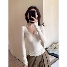 批发<b class='q'>蕾丝拼接</b>V领长袖T恤收腰打底上衣