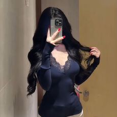 批发纯欲风辣妹<b class='q'>蕾丝拼接</b>长袖上衣新款秋季修身显瘦打底