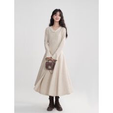 法式针织连衣裙秋冬打底新款温柔收腰显瘦蕾丝修身气质小个子长裙