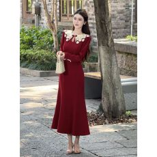 批发复古红色改良<b class='q'>旗袍</b>长裙秋冬<b class='q'>新款</b>法式娃娃领内搭打底连衣裙