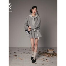 批发秋季灰色假两件长袖卫衣连衣裙条纹披肩韩系<b class='q'>气质</b>短裙女