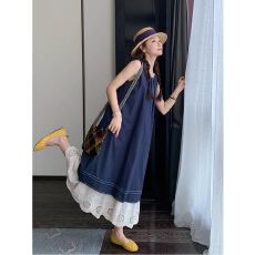批发蓝色连衣裙女夏季2026新款法式度假风少女感<b class='q'>蕾丝</b>拼接无袖<b class='q'>背心裙</b>