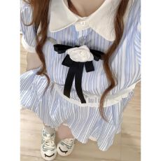 批发法式蓝白条纹<b class='q'>衬衫</b>领连衣裙女夏季清纯少女蓬蓬公主短裙