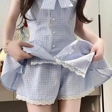 批发法式甜美蓝<b class='q'>白</b>格子短裙女2026夏季新款纯欲气质收腰衬衫连