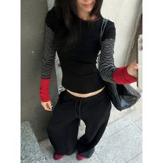 批发拼接撞色长袖t恤女修身假两件打底衫条纹