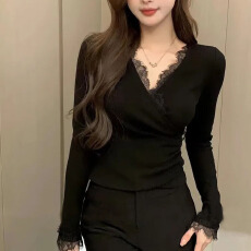 批发蕾丝拼接打底衫辣妹纯欲红色交叉V领女秋冬<b class='q'>紧身</b>内搭法式掐腰上衣