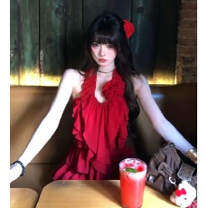批发红色系穿搭一整套独特绝美挂脖上衣半身裙<b class='q'>两件</b>套装裙2026