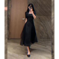 批发复古法式方领设计感网纱拼接御姐风<b class='q'>黑色</b><b class='q'>连衣裙</b>女夏季氛围感小黑裙