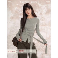 有货纯欲风褶皱绑带T恤女秋设计感收腰不规则长袖短