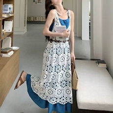 女夏季新款复古镂空蕾丝钩花吊带连衣裙套装