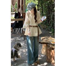 配腰带法式甜美风收腰长袖衬衫衬衣女春夏新款气质减