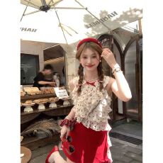 批发夏日绝美红色<b class='q'>套装</b>女法式波点荷叶边无袖上衣甜美包臀半身裙两件套