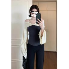 批发一字肩撞色拼接打底衫女2026春季新款辣妹<b class='q'>修身</b>显瘦内搭T恤上衣潮