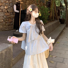 批发<b class='q'>蝴蝶结</b>蕾丝泡泡袖<b class='q'>衬衫</b>女半身裙两件套装女夏季设计感压褶绑带<b class='q'>衬衣</b>