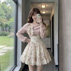 批发甜美碎花吊带裙春季小个子公主裙温柔气质露肩罩衫两件套装