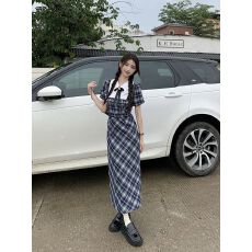 批发法式蝴蝶结拼接连衣裙女装夏季泡泡袖收腰显瘦开叉A字裙子