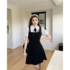 批发学院风假两件娃娃领连衣裙女夏季黑色裙子