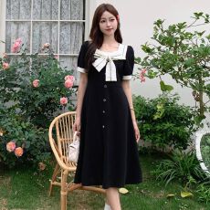 批发高腰<b class='q'>蝴蝶结</b>方领短袖大码<b class='q'>连衣裙</b>女韩版