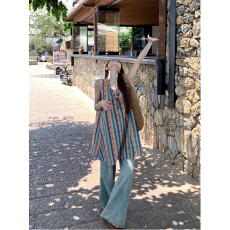 批发复古日系甜美撞色条纹<b class='q'>背心女</b>小众设计感中长款宽松休闲无袖T恤衫