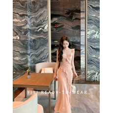 批发蕾丝拼接吊带<b class='q'>连衣裙</b>女夏季<b class='q'>荷叶边</b>鱼尾裙黑色收腰裙子纯欲包臀长裙