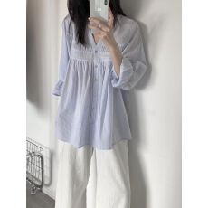 批发法式气质V领蓝条纹长袖<b class='q'>衬衫</b>女学院风新款洋气减龄娃娃衫棉质上衣