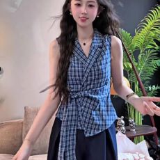 批发法式V领蝴蝶结绑带蓝色格子<b class='q'>衬衫</b>背心女夏季辣妹外穿<b class='q'>修身</b>无袖上衣