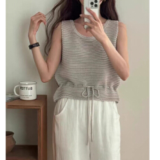 批发韩系抽绳系带设计感针织背心女夏季圆领百搭无袖<b class='q'>上衣</b>