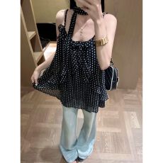 网纱+内里+可调节肩带波点荷叶边吊带背心女挂脖系带雪纺上衣