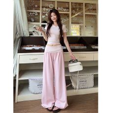 批发修身粉色短袖正肩T恤上衣女夏季显瘦套装高腰阔腿裤休闲裤两件套