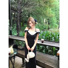 批发法式气质高级感蕾丝拼接小飞袖连衣裙女<b class='q'>夏</b>季新款辣妹开叉中长裙子