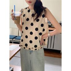 批发法式<b class='q'>气质</b>薄款圆领背心女夏季新款韩系复古皮木耳边无袖波点<b class='q'>衬衫</b>