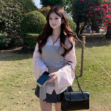 批发韩系粉色假两件拼接长袖衬衫女早<b class='q'>春</b>季高级感收腰绑带显瘦百搭上衣