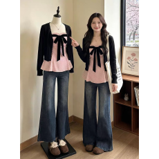 批发辣妹风套装夏新款设计感蝴蝶结波<b class='q'>吊带</b><b class='q'>背心</b>长袖开衫上衣女