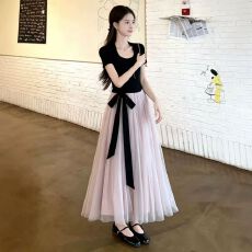 批发2026夏季大码女装法式气质绑带撞色拼接收腰<b class='q'>连衣裙</b>女网纱<b class='q'>礼服</b>长裙