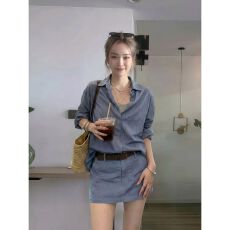 批发韩式纯色纽扣衬衫女<b class='q'>夏</b>季新款收腰显瘦半身裙气质松弛感通勤两件套