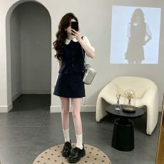 批发穿搭一整套女装学院风小香风娃娃脸假两件衬衫上衣半身裙两件套装