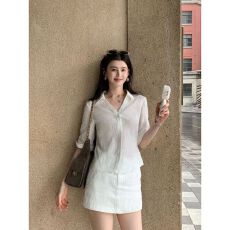 批发韩系智性氧感2026年<b class='q'>夏</b>季百搭V领七分袖衬衫女老钱风A字裙裤套装女