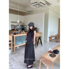 批发套装灰色气质无袖背心宽松上衣女夏抽绳a字半身裙两件套