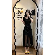 批发超仙网纱拼接连衣裙女2026年夏季新款韩版气质方领瘦腰<b class='q'>显瘦</b>长裙子