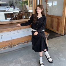 批发千金小香风连衣裙子2026年新款女秋<b class='q'>冬</b>季小个子高级感黑色长裙套装