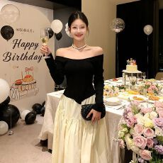 批发一字露肩长袖连衣裙女秋冬法式高级感生日party小<b class='q'>礼服</b>a字公主<b class='q'>长裙</b>