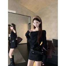 批发配腰带辣妹套装黑色一<b class='q'>字</b>领长袖<b class='q'>T</b>恤女秋季高腰休闲<b class='q'>裤</b>短<b class='q'>裤</b>子两件套