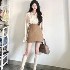 批发御姐气质女神范套装女秋法式宽松<b class='q'>长</b>袖衬衫上衣包臀半身<b class='q'>裙裤</b>两件套