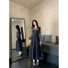 批发秋季女装新款时尚假两件拼接长袖<b class='q'>连衣裙</b>收腰显瘦减龄裙子