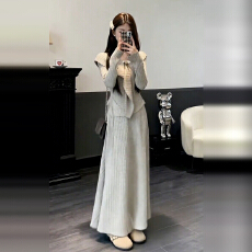 批发韩系巨好看穿搭一整套2026新款灰色针织连衣裙女秋<b class='q'>冬</b>长裙两件套装