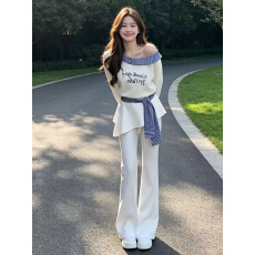 批发时尚套女<b class='q'>春</b>秋季露肩字母卫衣屁帘微喇裤两件套